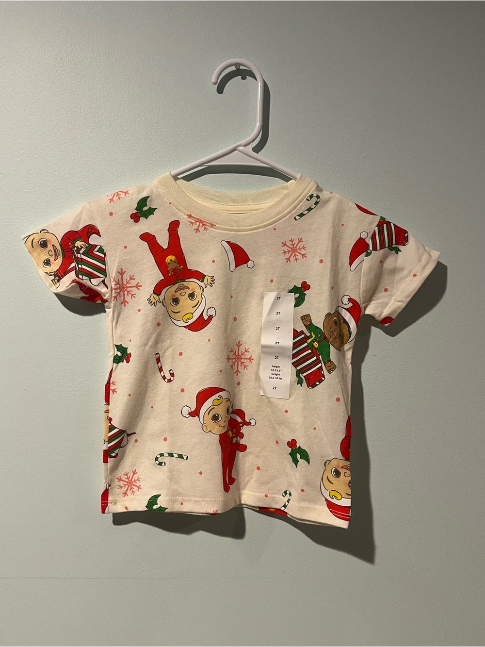 Cocomelon Kids Holiday Elf Print Short Sleeve Tee - Cream & Red, Size 2T
